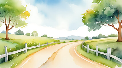 Fototapeta premium Watercolor Painting of Country Road with Trees and Rolling Hills