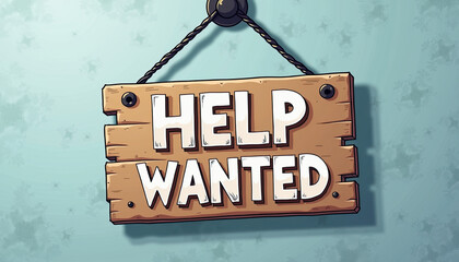 Hanging wooden Help Wanted signboard, job vacancy, business recruitment ads, websites and blogs.