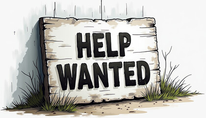 Weathered Help Wanted signboard, job vacancy announcement, recruitment ads for business and websites.