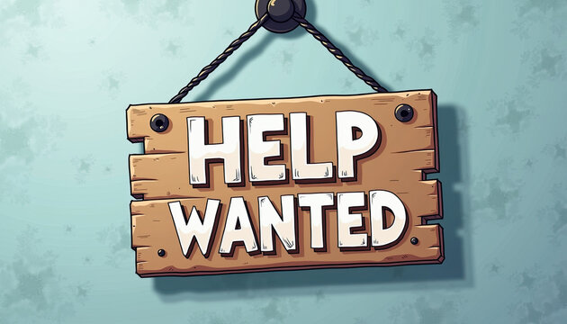 Hanging wooden Help Wanted signboard, job vacancy, business recruitment ads, websites and blogs.