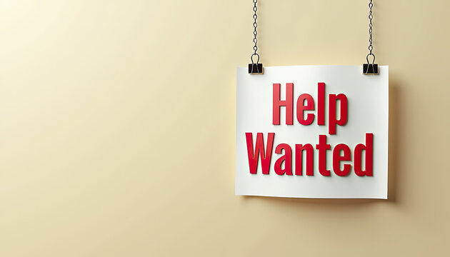 Red paper Help Wanted signboard, job vacancy for business recruitment ads, websites and blogs.