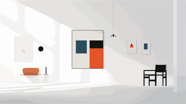 The image shows a minimalist interior scene rendered in a 3D program. The background is a bright white room with large windows allowing sunlight to stream in.  The walls are predominantly