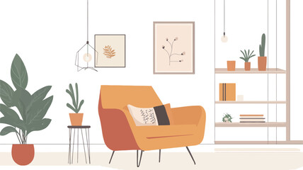 Fototapeta premium Flat vector illustration depicting a minimalist modern living room interior. The scene includes an orange armchair with pillows, a side table with potted plants, a tall bookshelf with