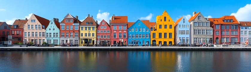 Fototapeta premium European town with colorful pastel houses lining a canal, vibrant facades, serene blue sky creating a beautiful backdrop, evoking a summer vacation mood