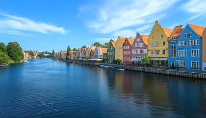 Fototapeta premium European town with vibrant pastelcolored houses lining a canal, serene blue sky creating a picturesque scene, evoking the perfect summer vacation mood