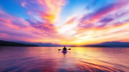 Fototapeta premium Kayaker paddles serene lake at sunset