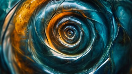 Abstract composition of thick gel-like liquid forming organic spiral patterns, capturing moment of two substances mixing, jewel-toned color transitions, silky smooth texture with visible viscosity,