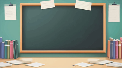 A digital illustration depicting a large, blank, green chalkboard with a wooden frame.  The chalkboard is mounted on a teal wall.  On either side of the board are stacks of colorful books.