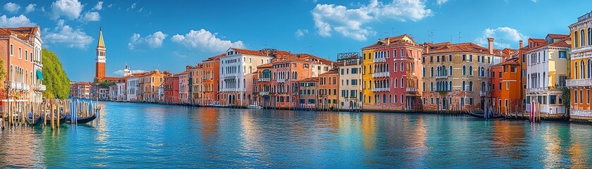 Obraz premium Pastelcolored houses along a European canal, vibrant facades creating a picturesque scene, serene blue sky as a peaceful backdrop, ideal for a summer vacation setting