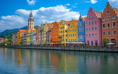 Obraz premium Pastelcolored houses along a canal in a European town, bright facades creating a vibrant and serene scene, perfect summer vacation atmosphere with a beautiful blue sky