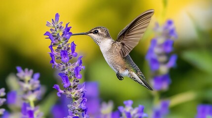Fototapeta premium Hummingbird feeding lavender, garden bloom