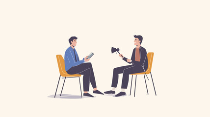 Illustration of two men sitting in yellow chairs facing each other. One man holds a small handheld microphone.  Both men are simply illustrated with minimal detail, using muted colors, flat