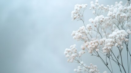 Delicate white flower arrangement set against a soft blue background