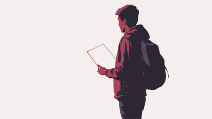 A vector illustration depicting a young man, viewed from behind, standing against a plain white background. He is wearing a dark-colored hoodie and backpack and is holding a tablet or