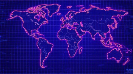 World map outlined in neon pink, over a blue grid background. Global connections, geography, travel.