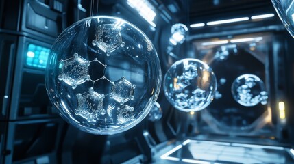 ultra-detailed 3D composition of floating serum bubbles with visible active ingredients, molecules arranged in hexagonal patterns inside transparent spheres, metallic blue environment reflection on