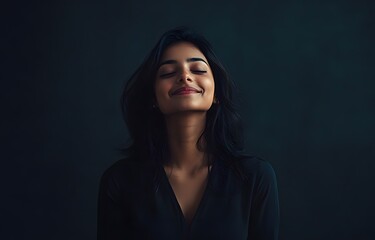 Fototapeta premium Serene Young Woman With Eyes Closed Smiling Gently