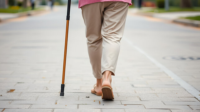 Elderly woman walking with a cane on a street, female legs on pavement. Concept for disability, limping person, diseases of the spine, old people