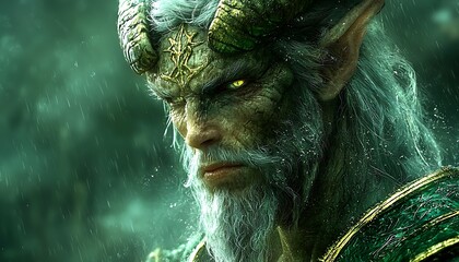 Green-skinned horned deity, rain, forest