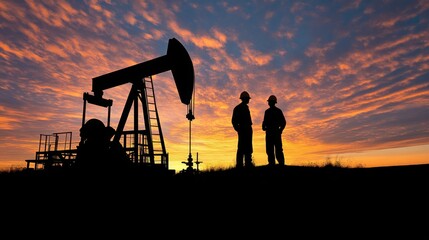 Dramatic silhouettes of two oil field workers standing beside massive oil pumpjack against vibrant sunset sky, industrial machinery casting long shadows, golden hour lighting illuminating metal