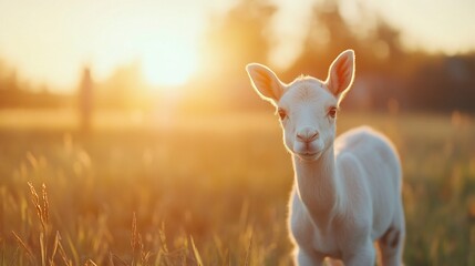 Obraz premium Lamb standing in sunset field