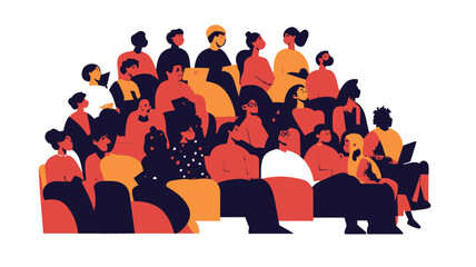 A stylized illustration depicting a diverse group of people sitting in an auditorium-style arrangement.  The figures are rendered in a flat design style with bold, simplified shapes and