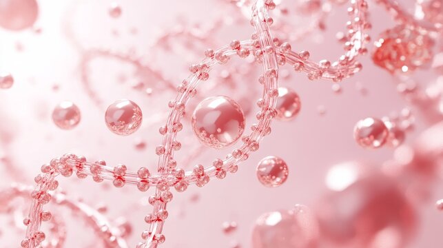 elegant 3D visualization of rose gold collagen peptides flowing in crystalline solution, DNA double helix structures floating gracefully around central molecule, pearlescent pink background with