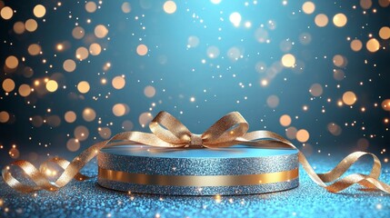 Blue Decorated Podium with Ribbon Against Bokeh Background for Celebratory Events and Promotions
