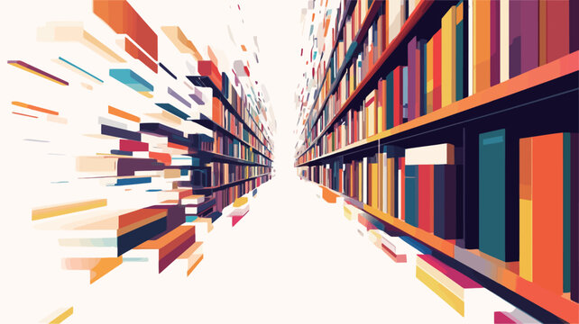 The image is a stylized, abstract representation of a library corridor.  The perspective is a vanishing point leading into a seemingly endless row of bookshelves filled with vibrantly
