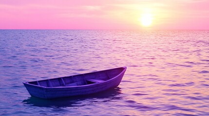Fototapeta premium Lonely boat at sunset, calm ocean