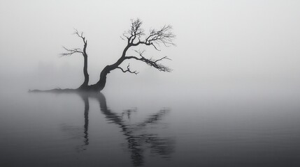 Lone tree reflects in misty lake