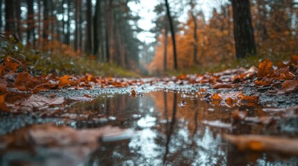 Glimmering water reflects autumn hues, as amber and umber leaves scatter atop a serene, rippling puddle.  