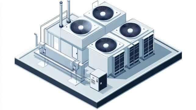 Architectural-grade isometric visualization of rooftop VRF system installation, complete unit showing compressor housing, fan arrays, and electrical connections, detailed internal component cutaway