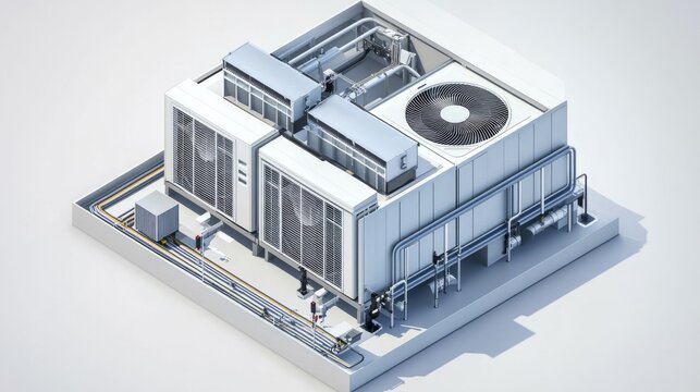 Architectural-grade isometric visualization of rooftop VRF system installation, complete unit showing compressor housing, fan arrays, and electrical connections, detailed internal component cutaway
