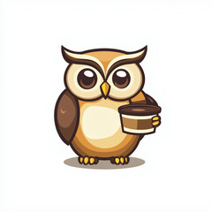 Obraz premium Cute Cartoon Owl Sipping Coffee: Adorable Brown Forest Creature Illustration with Whimsical Charm for Cozy Art Lovers