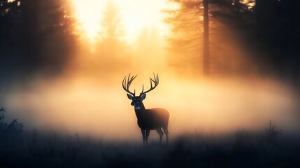 Majestic deer in foggy sunrise forest
