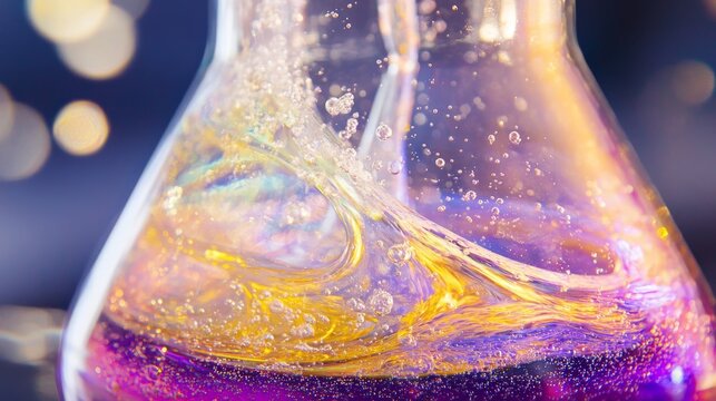 Macro capture of single large volumetric flask containing swirling dichroic liquid changing from magenta to gold, dense white vapor cascading over rim, visible molecular reaction creating tiny