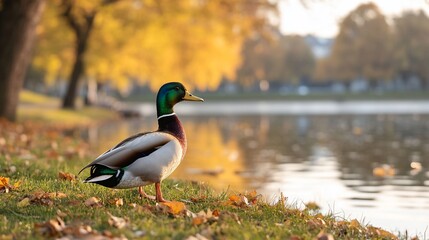 Mallard drake by autumn lake at sunset (1)