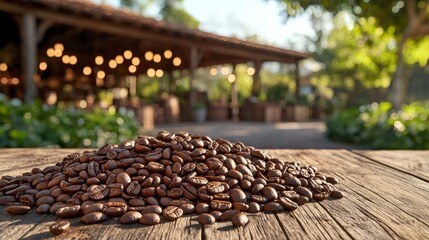 Dark Roasted Coffee Beans Scattered on Rustic Wooden Table in Outdoor Café Setting with Warm Ambient Light