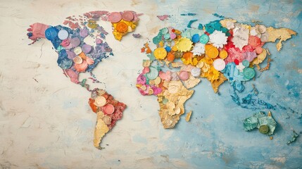 Colorful world map with textured, layered paint representing various regions and cultures.