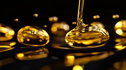 Macro photography of suspended golden oil droplets against deep black background, multiple spherical drops catching light with perfect reflections, ultra sharp details of liquid surface tension,