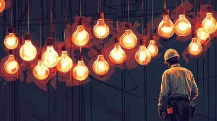 Obraz premium Decorative Antique Style Edison Filament Light Bulbs Hanging in a Dark Room with an Observer in Work Attire