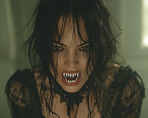 Fanged Woman Glares Indoors