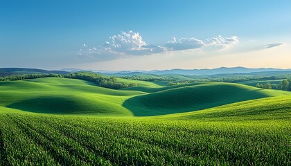 Naklejka premium Vibrant Green Rolling Hills Under Clear Blue Sky in Nature Landscape