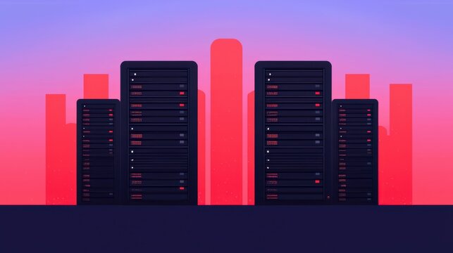 Data Staging concept. Futuristic Tech City Skyline with Glowing Parallel Data Servers and Skyscrapers at Night