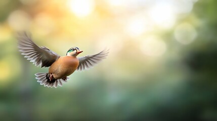 Obraz premium Mandarin duck soaring, sunlit forest