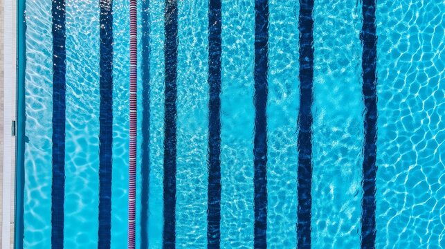overhead view of pristine swimming pool with perfect wave interference patterns, deep cobalt blue transitioning to lighter cerulean, summer sunlight creating intricate networked shadows, minimalist