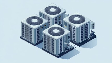 Professional isometric view of industrial air conditioning condensing unit array, multiple units arranged in maintenance-optimized configuration, detailed mechanical components visible through