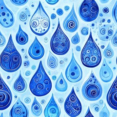 repeating pattern of cheerful rain drops in multiple shades of azure and cobalt, each droplet uniquely decorated with swirls and dots, naive art style with visible pencil strokes, layered transparent