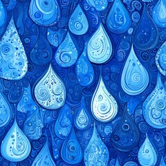 repeating pattern of cheerful rain drops in multiple shades of azure and cobalt, each droplet uniquely decorated with swirls and dots, naive art style with visible pencil strokes, layered transparent